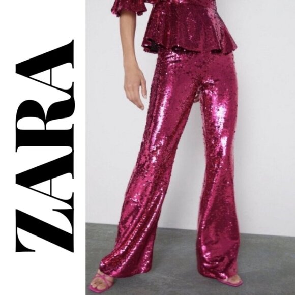 NWT ZARA LIMITED EDITION RED SEQUIN WIDE LEG PANTS, SIZE MEDIUM - Picture 1 of 13
